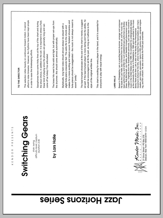 Learn to play Lars Halle Switching Gears - Full Score sheet music for Jazz Ensemble in minutes. Lars Halle Switching Gears - Full Score sheet music preview music notes and score for Jazz Ensemble including 20 page(s)
