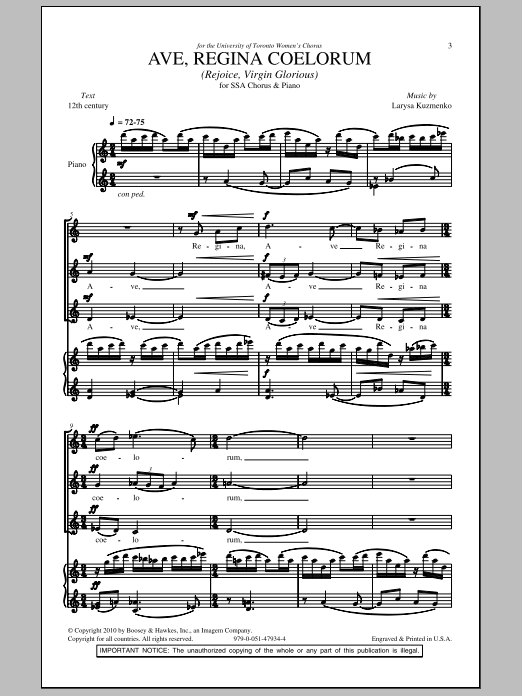 Larysa Kuzmenko Ave, Regina Coelorum (Rejoice, Virgin Glorious) sheet music, chords, lyrics - Printable PDF for SSA