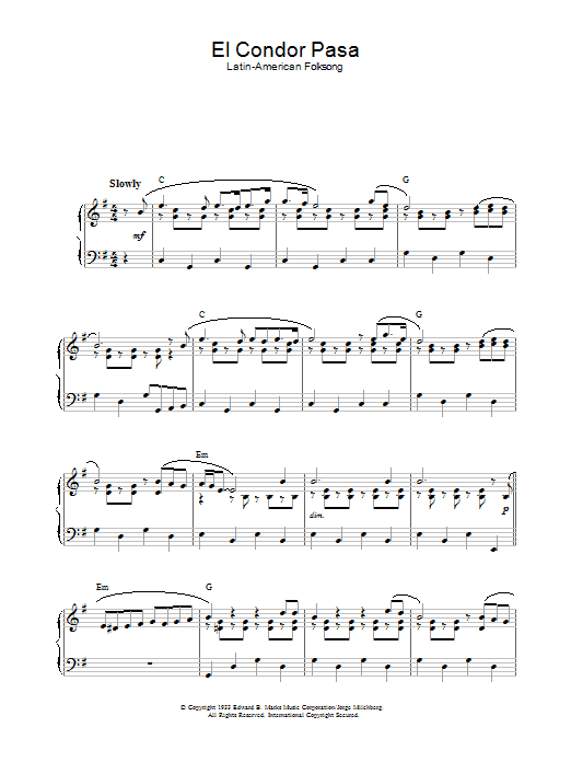 Learn to play Latin-American Folksong El Condor Pasa sheet music for Piano in minutes. Latin-American Folksong El Condor Pasa sheet music preview music notes and score for Piano including 3 page(s)