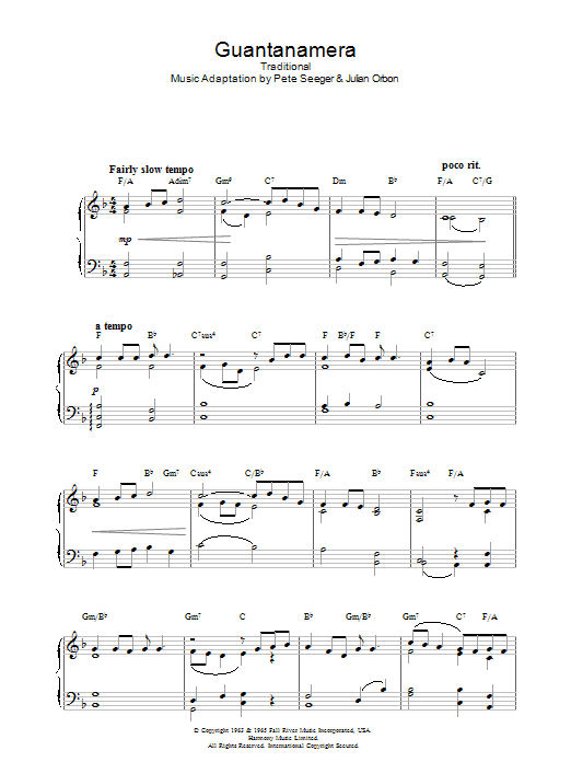 Learn to play Latin-American Folksong Guantanamera sheet music for Piano in minutes. Latin-American Folksong Guantanamera sheet music preview music notes and score for Piano including 3 page(s)