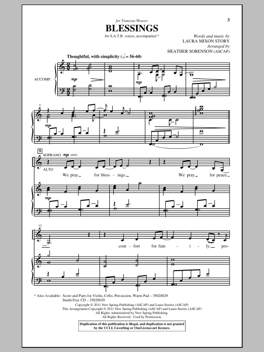 Heather Sorenson Blessings sheet music, chords, lyrics - Printable PDF for SAB