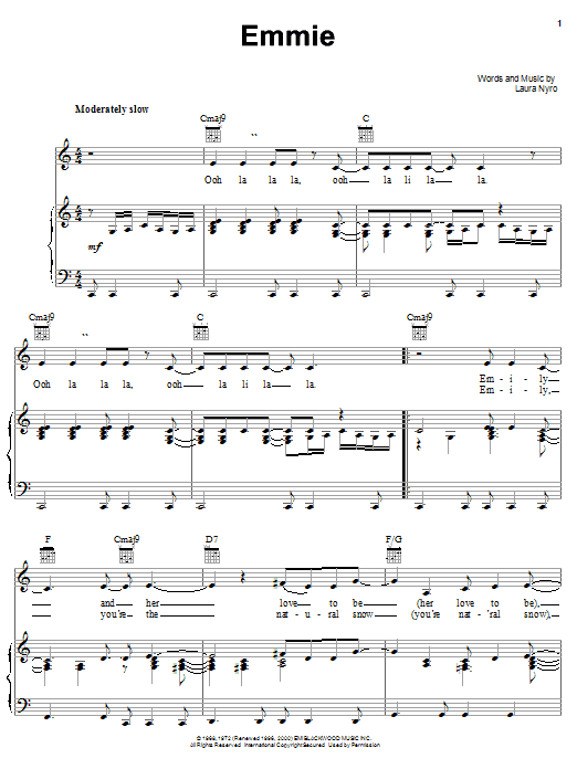 Learn to play Laura Nyro Emmie sheet music for Piano, Vocal & Guitar (Right-Hand Melody) in minutes. Laura Nyro Emmie sheet music notes and chords