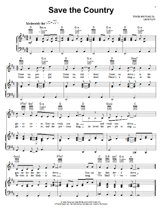 Learn to play Laura Nyro Save The Country sheet music for Piano, Vocal & Guitar (Right-Hand Melody) in minutes. Laura Nyro Save The Country sheet music notes and chords