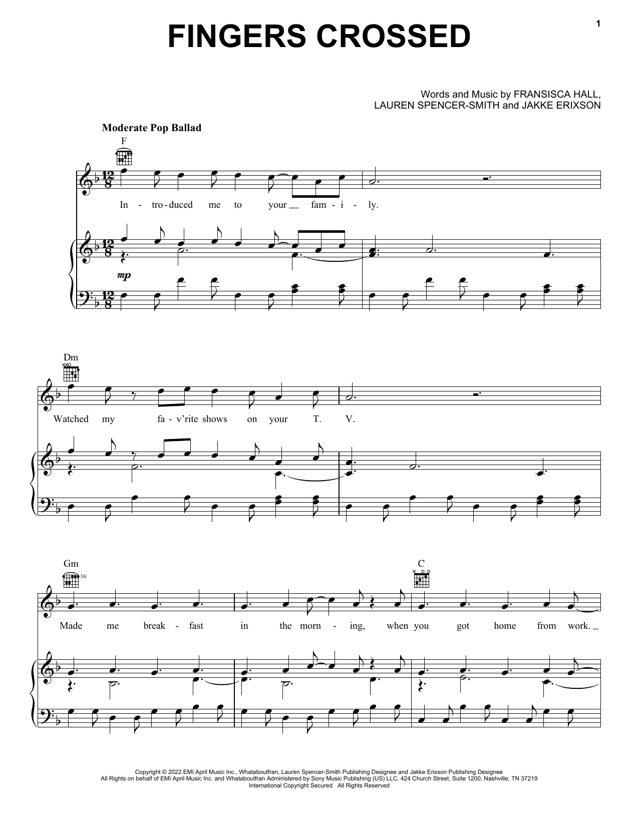Lauren Spencer-Smith Fingers Crossed sheet music preview music notes and score for Piano, Vocal & Guitar Chords (Right-Hand Melody) including 6 page(s)