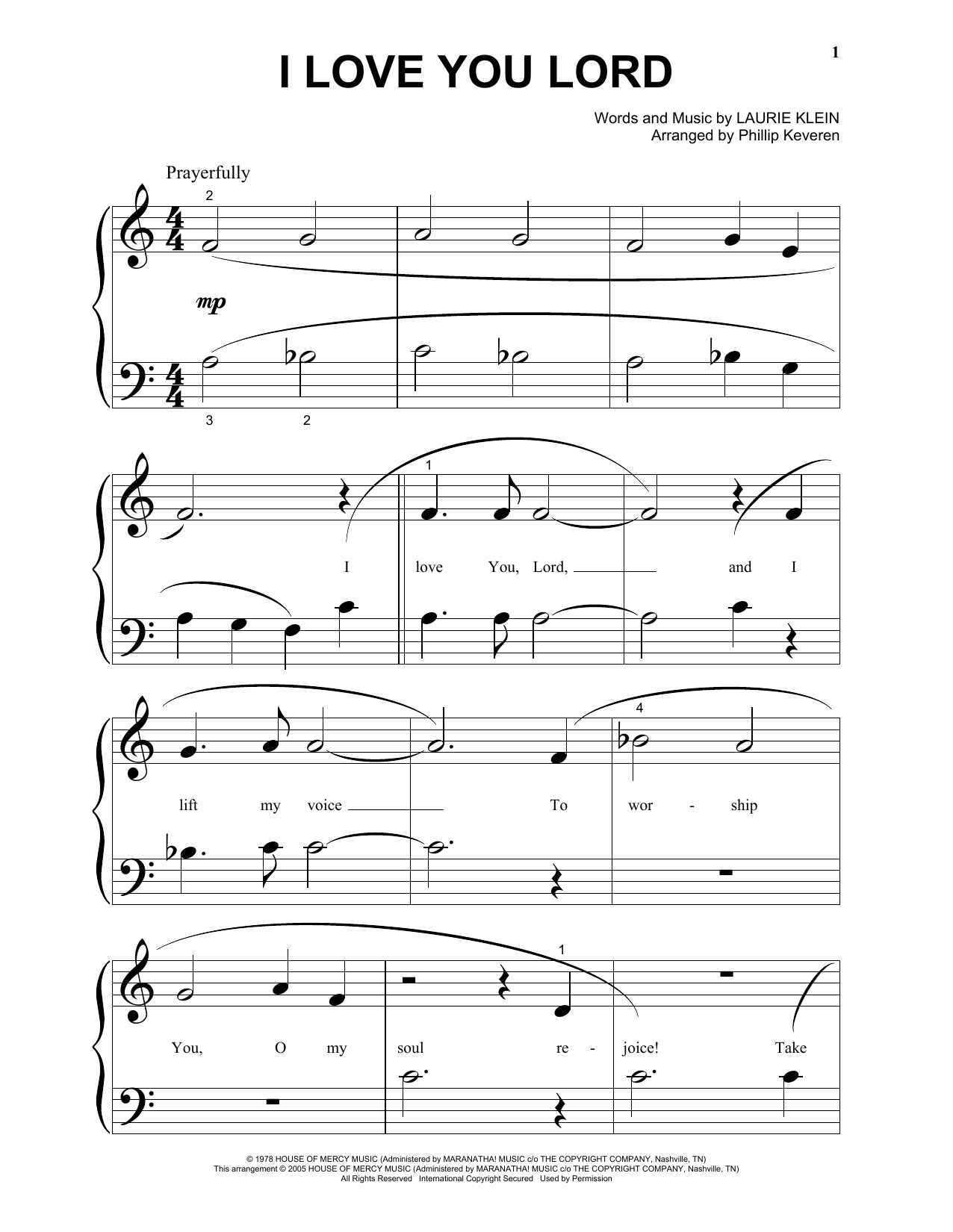 Laurie Klein I Love You Lord (arr. Phillip Keveren) sheet music preview music notes and score for Big Note Piano including 2 page(s)