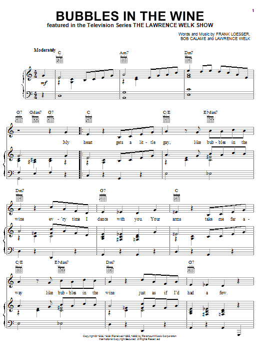 Lawrence Welk Bubbles In The Wine sheet music preview music notes and score for Piano, Vocal & Guitar (Right-Hand Melody) including 3 page(s)