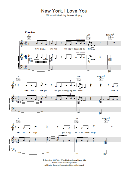 LCD Soundsystem New York, I Love You But You're Bringing Me Down sheet music, chords, lyrics - Printable PDF for Piano, Vocal & Guitar (Right-Hand Melody)