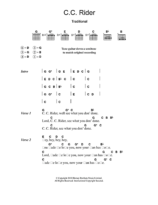 Learn to play Leadbelly C.C. Rider sheet music for Lyrics & Chords in minutes. Leadbelly C.C. Rider sheet music notes and chords