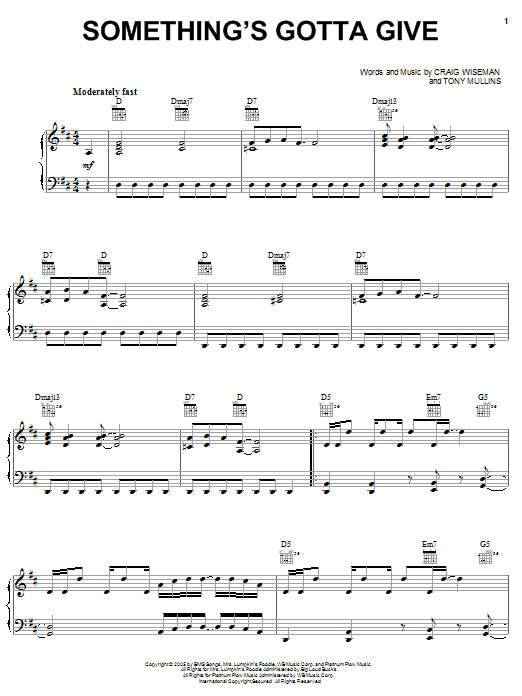 Learn to play LeAnn Rimes Something's Gotta Give sheet music for Piano, Vocal & Guitar (Right-Hand Melody) in minutes. LeAnn Rimes Something's Gotta Give sheet music preview music notes and score for Piano, Vocal & Guitar (Right-Hand Melody) including 9 page(s)