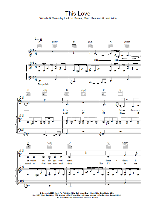 Learn to play LeAnn Rimes This Love sheet music for Piano, Vocal & Guitar in minutes. LeAnn Rimes This Love sheet music preview music notes and score for Piano, Vocal & Guitar including 5 page(s)