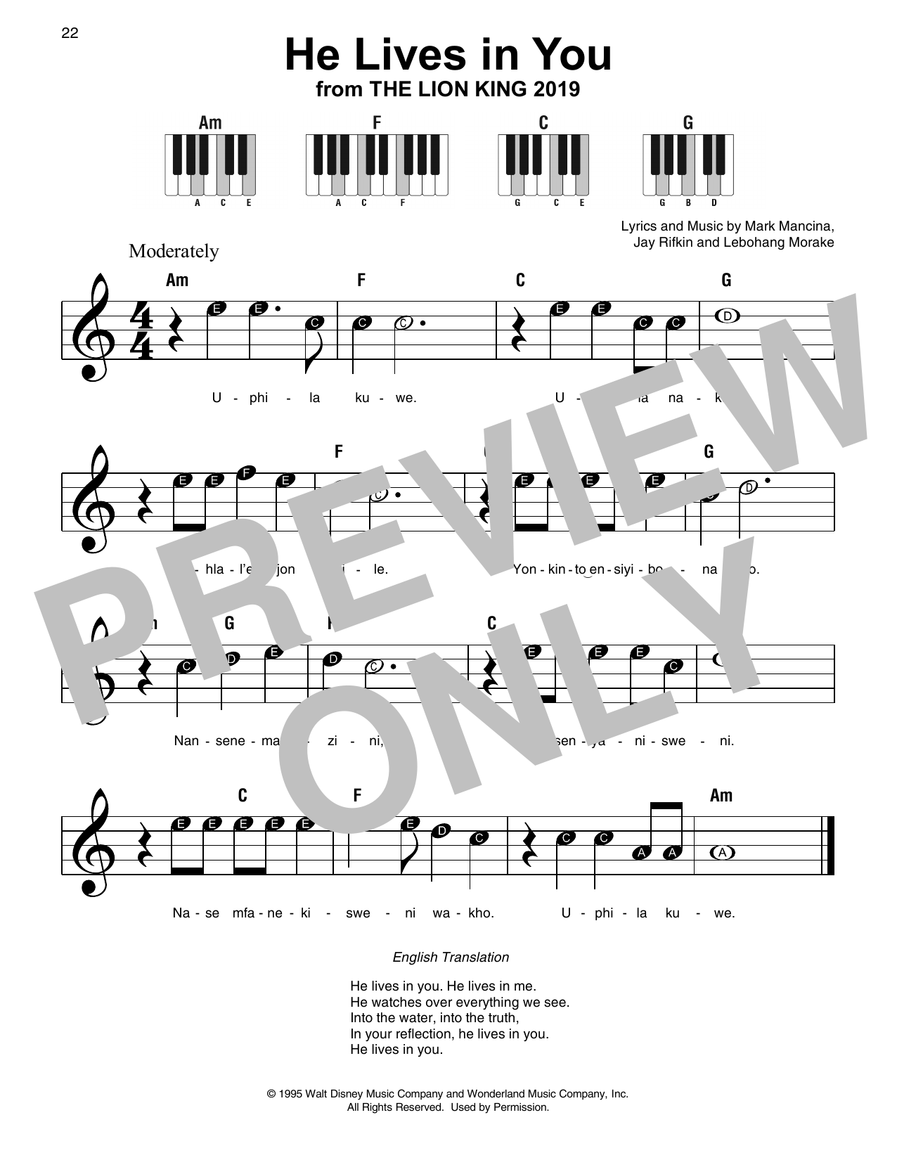 Learn to play Lebo M He Lives In You (from The Lion King 2019) sheet music for Super Easy Piano in minutes. Lebo M He Lives In You (from The Lion King 2019) sheet music preview music notes and score for Super Easy Piano including 1 page(s)