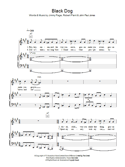 Download Led Zeppelin Black Dog sheet music notes and chords for Bass Voice - Download Printable PDF and start playing in minutes.