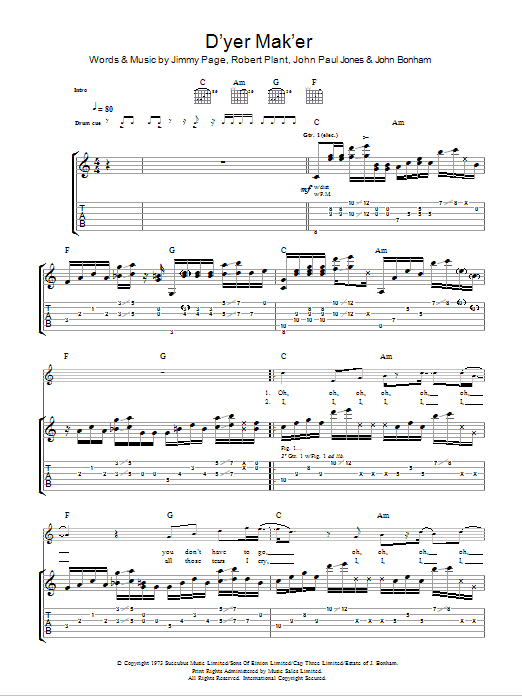 Led Zeppelin "D'yer Mak'er" Sheet Music & Chords Download 5Page Printable Guitar Tab PDF SKU