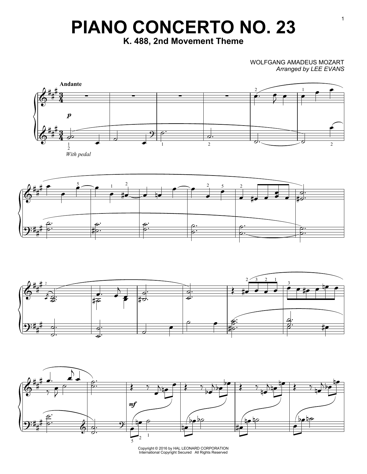 Lee Evans Piano Concerto In A Major, K.488, 2nd Movement sheet music, chords, lyrics - Printable PDF for Piano