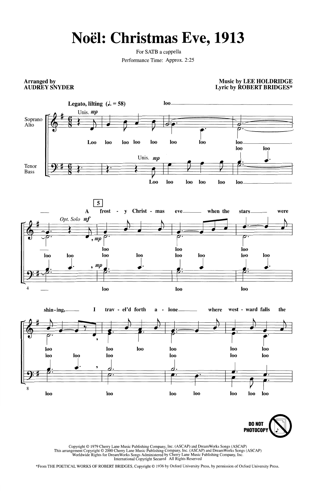 Lee Holdridge Noel: Christmas Eve, 1913 (arr. Audrey Snyder) sheet music, chords, lyrics - Printable PDF for SATB Choir