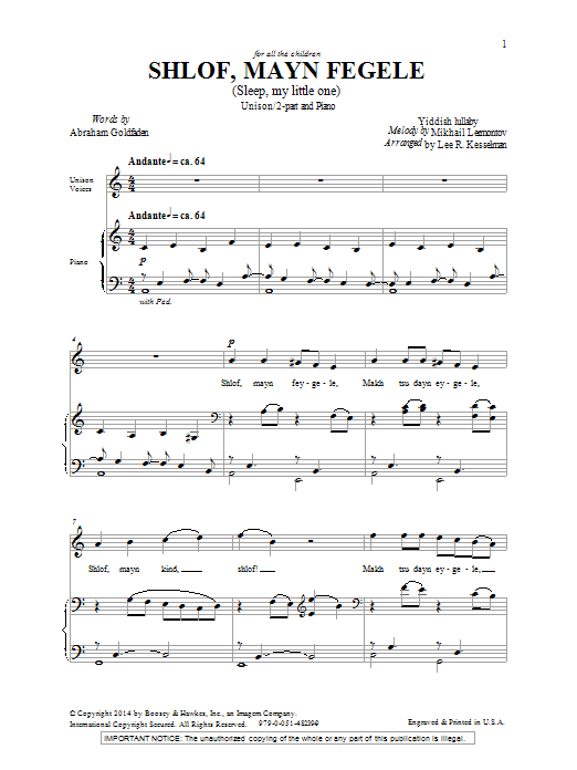 Lee Kesselman Shlof, Mayn Fegele (Sleep, My Little One) sheet music, chords, lyrics - Printable PDF for Unison Choral