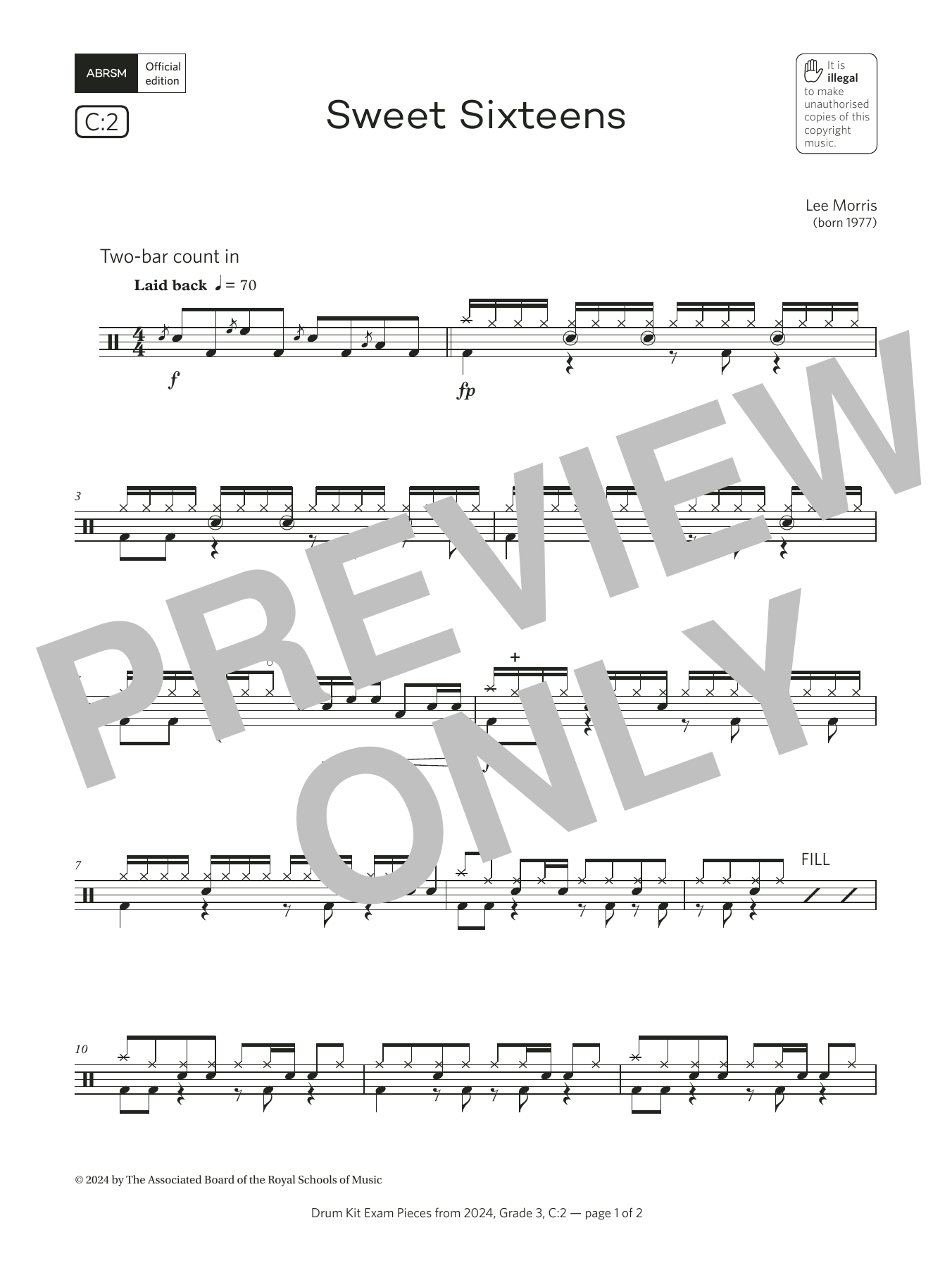 Lee Morris Sweet Sixteens (Grade 3, list C2, from the ABRSM Drum Kit Syllabus 2024) sheet music, chords, lyrics - Printable PDF for Drums