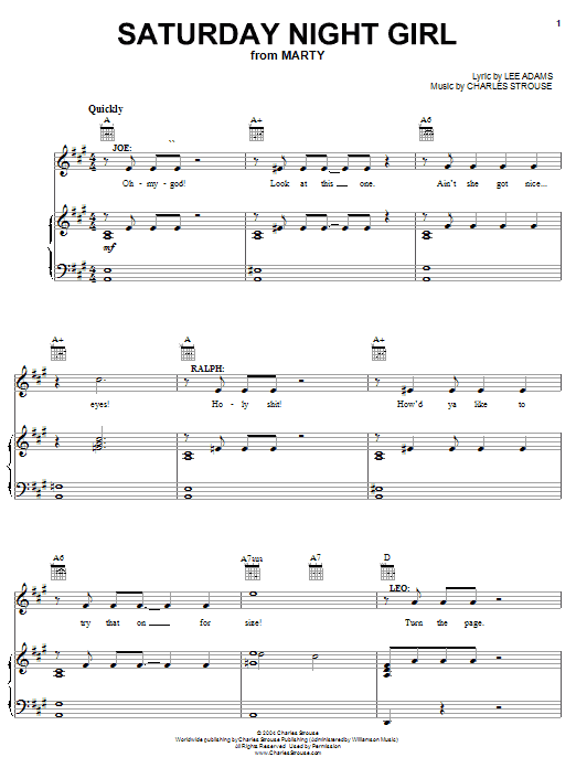 Learn to play Lee Adams Saturday Night Girl sheet music for Piano, Vocal & Guitar (Right-Hand Melody) in minutes. Lee Adams Saturday Night Girl sheet music preview music notes and score for Piano, Vocal & Guitar (Right-Hand Melody) including 7 page(s)