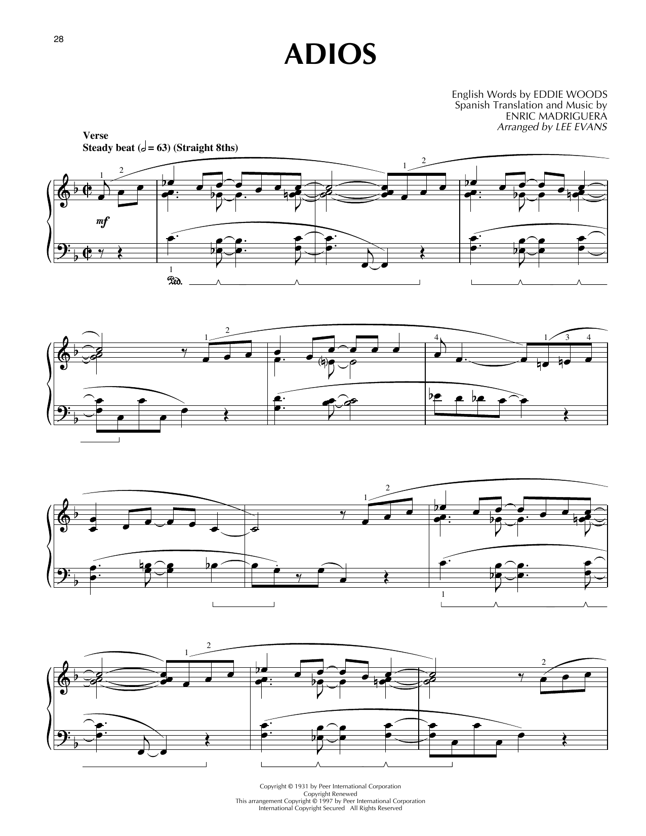 Learn to play Lee Evans Adios sheet music for Piano Solo in minutes. Lee Evans Adios sheet music preview music notes and score for Piano Solo including 5 page(s)