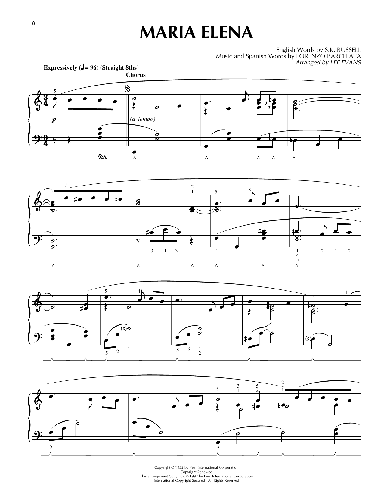 Lee Evans Maria Elena sheet music preview music notes and score for Piano Solo including 3 page(s)