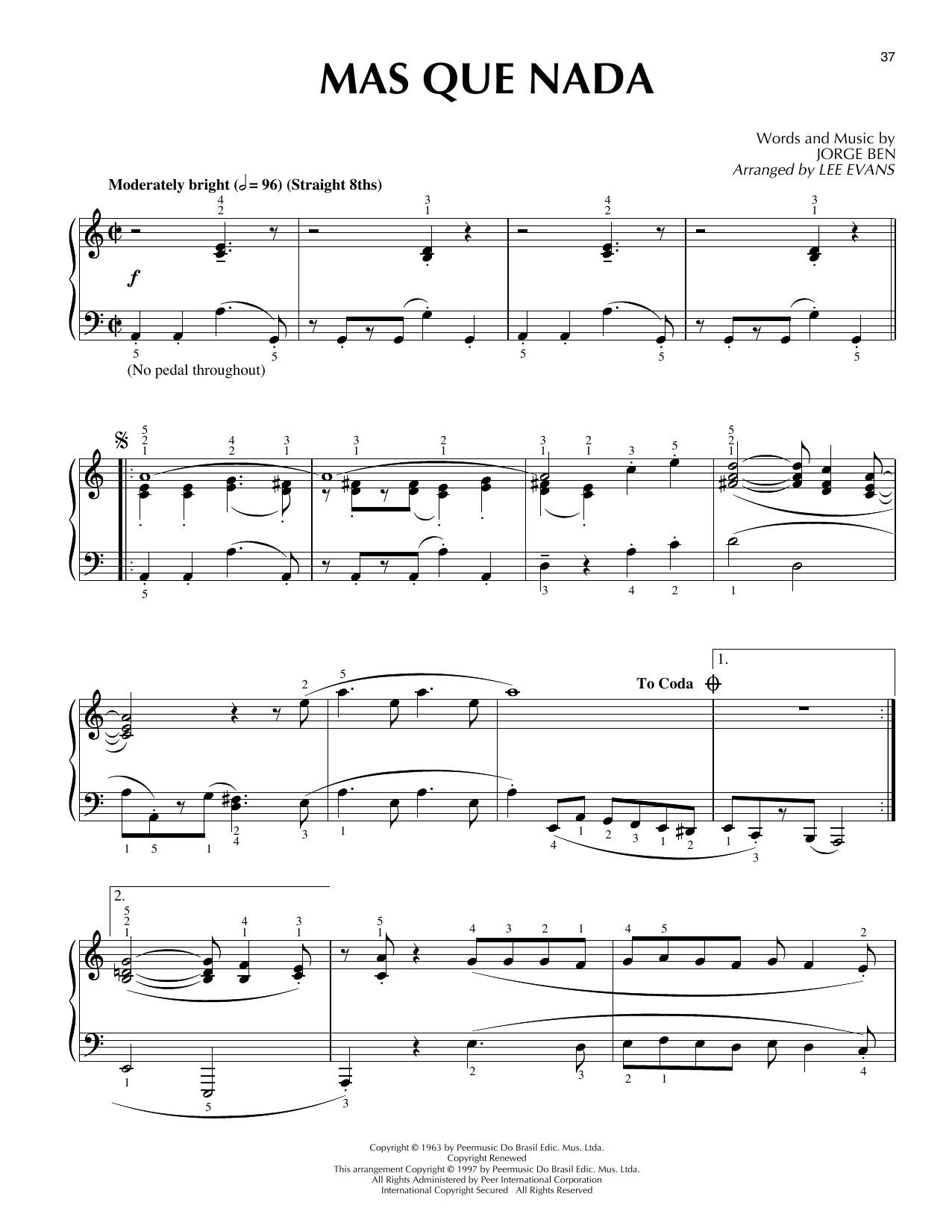 Lee Evans Mas Que Nada sheet music preview music notes and score for Piano Solo including 3 page(s)