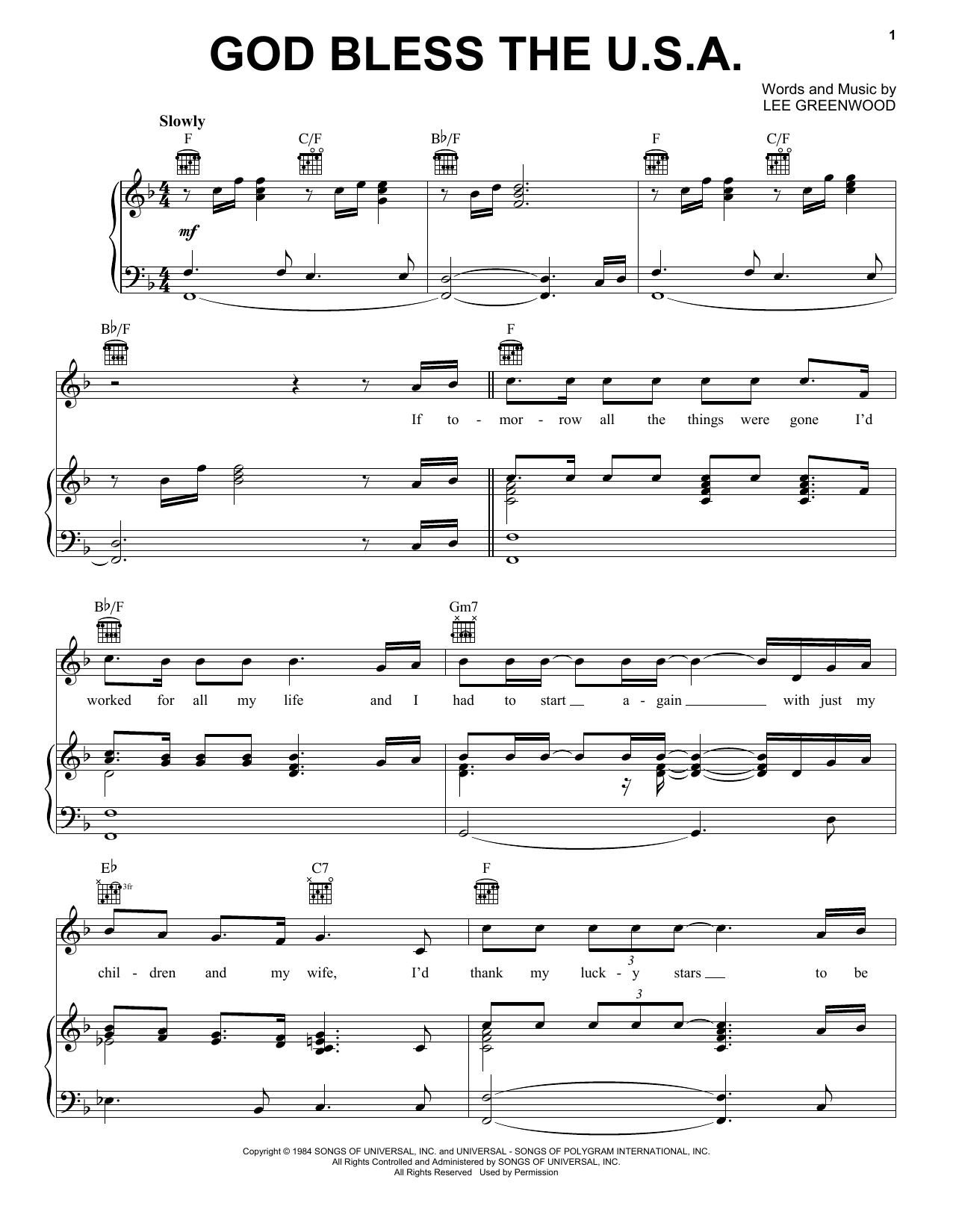 Learn to play Lee Greenwood God Bless The U.S.A. sheet music for Piano, Vocal & Guitar (Right-Hand Melody) in minutes. Lee Greenwood God Bless The U.S.A. sheet music preview music notes and score for Piano, Vocal & Guitar (Right-Hand Melody) including 5 page(s)