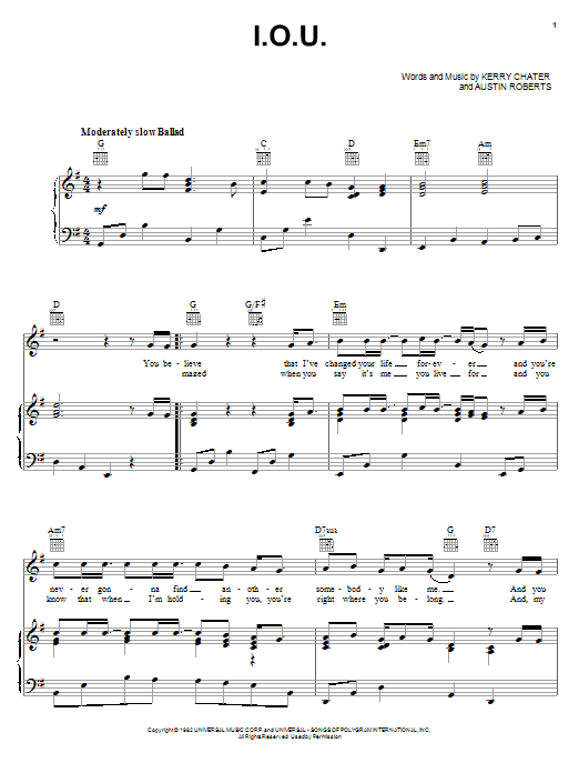 Learn to play Lee Greenwood I.O.U. sheet music for Piano, Vocal & Guitar (Right-Hand Melody) in minutes. Lee Greenwood I.O.U. sheet music notes and chords