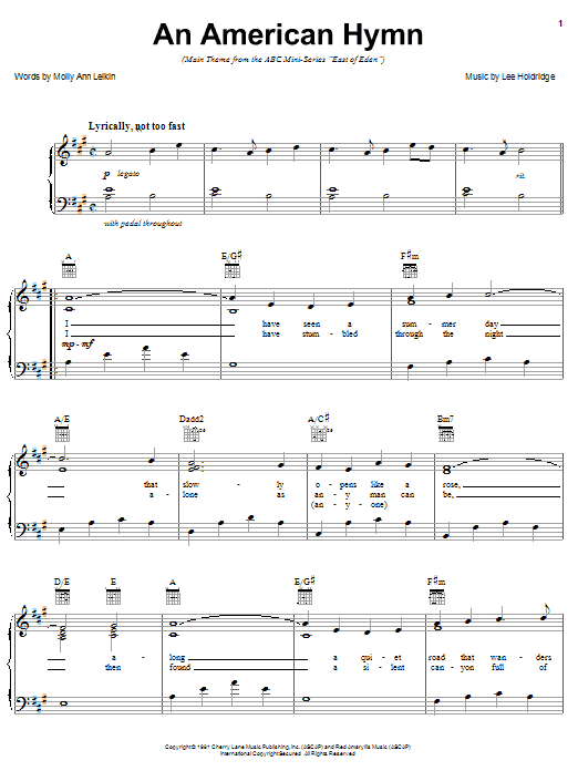 Learn to play Lee Elwood Holdridge An American Hymn (main theme from East Of Eden) sheet music for Piano, Vocal & Guitar (Right-Hand Melody) in minutes. Lee Elwood Holdridge An American Hymn (main theme from East Of Eden) sheet music preview music notes and score for Piano, Vocal & Guitar (Right-Hand Melody) including 4 page(s)