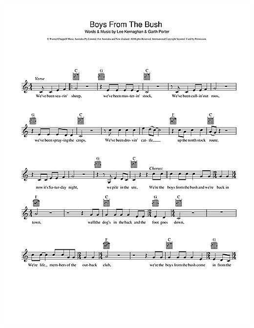 Lee Kernaghan Boys From The Bush sheet music preview music notes and score for Melody Line, Lyrics & Chords including 2 page(s)