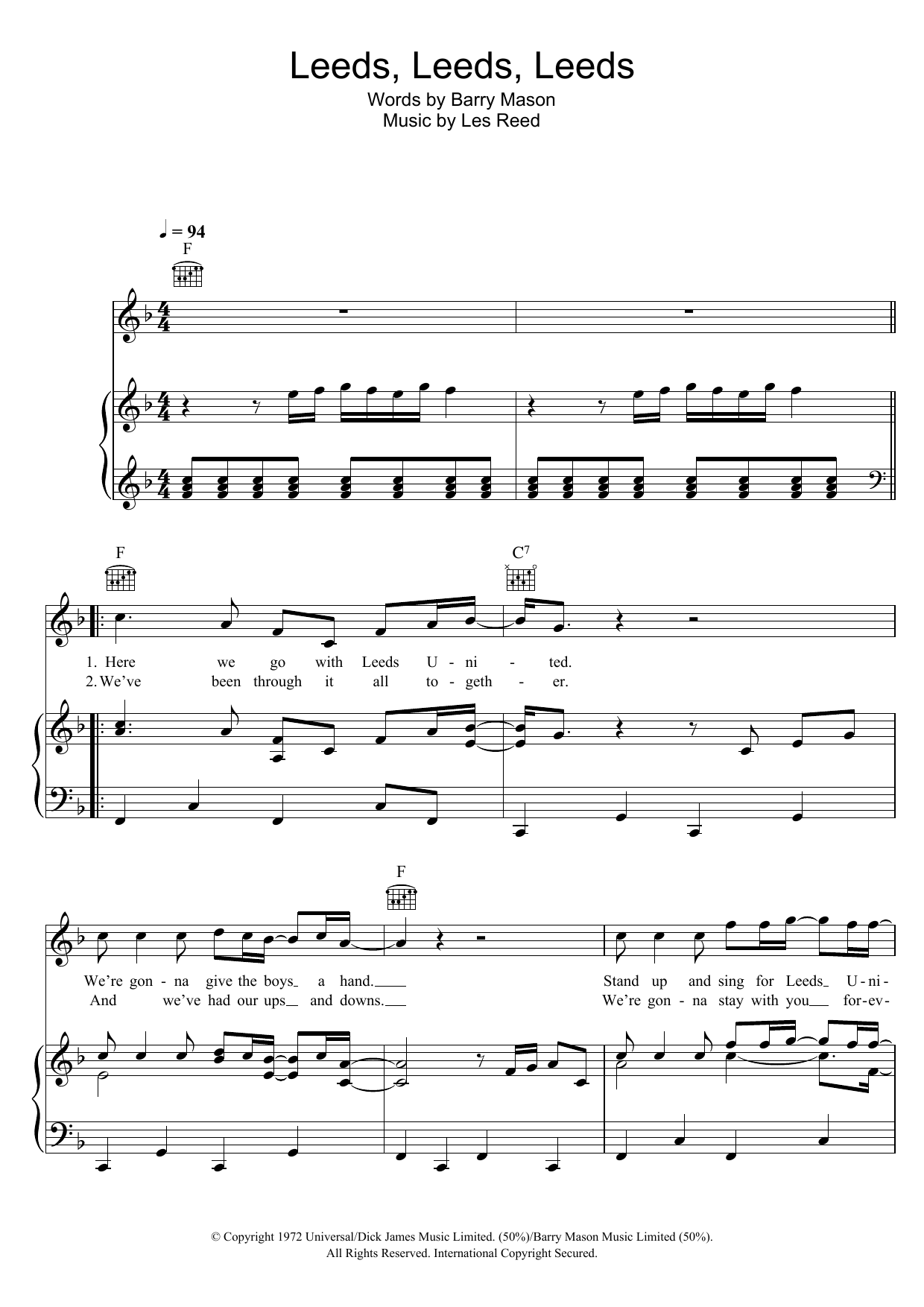 Leeds United Team & Supporters Leeds, Leeds, Leeds (Marching On Together) sheet music, chords, lyrics - Printable PDF for Piano, Vocal & Guitar (Right-Hand Melody)