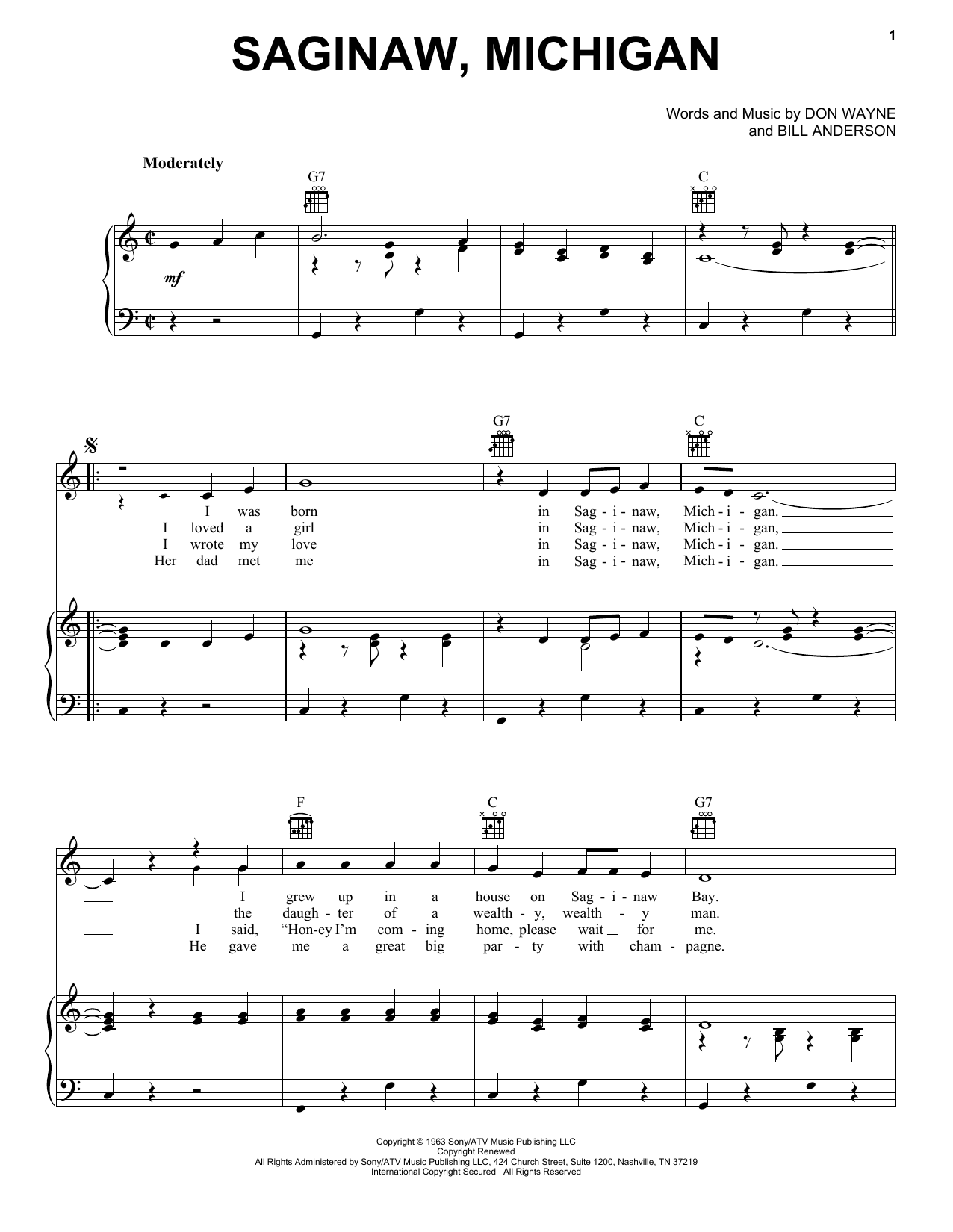 Lefty Frizzell Saginaw, Michigan sheet music preview music notes and score for Lyrics & Piano Chords including 2 page(s)