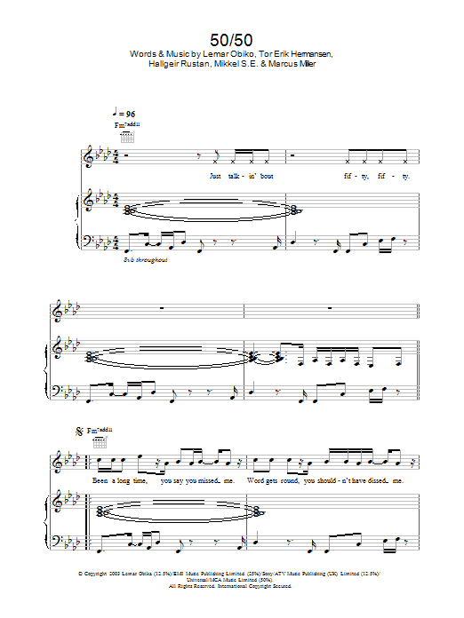 Learn to play Lemar 50/50 sheet music for Piano, Vocal & Guitar in minutes. Lemar 50/50 sheet music preview music notes and score for Piano, Vocal & Guitar including 6 page(s)