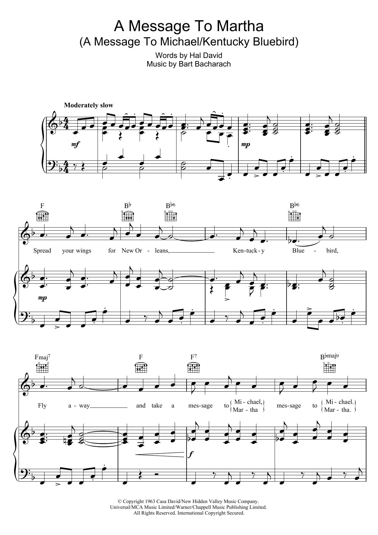 Lena Horne A Message to Martha (A Message To Michael/Kentucky Bluebird) sheet music, chords, lyrics - Printable PDF for Piano, Vocal & Guitar (Right-Hand Melody)