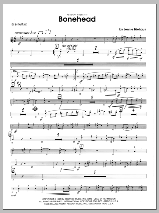 Learn to play Lennie Niehaus Bonehead - 1st Bb Tenor Saxophone sheet music for Jazz Ensemble in minutes. Lennie Niehaus Bonehead - 1st Bb Tenor Saxophone sheet music preview music notes and score for Jazz Ensemble including 2 page(s)