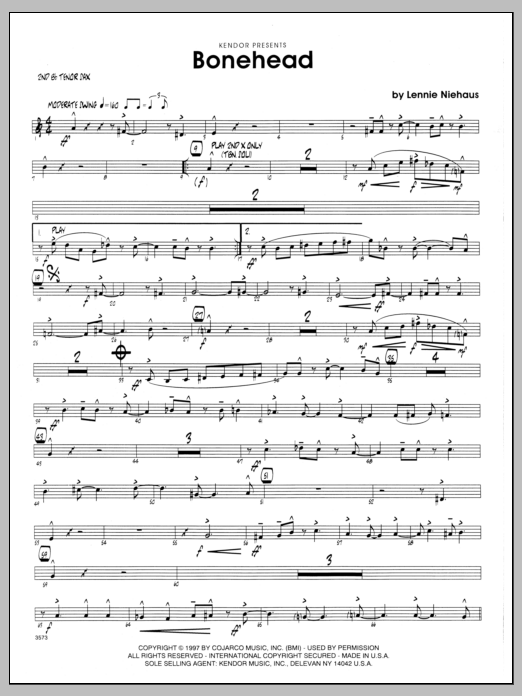 Learn to play Lennie Niehaus Bonehead - 2nd Bb Tenor Saxophone sheet music for Jazz Ensemble in minutes. Lennie Niehaus Bonehead - 2nd Bb Tenor Saxophone sheet music preview music notes and score for Jazz Ensemble including 2 page(s)