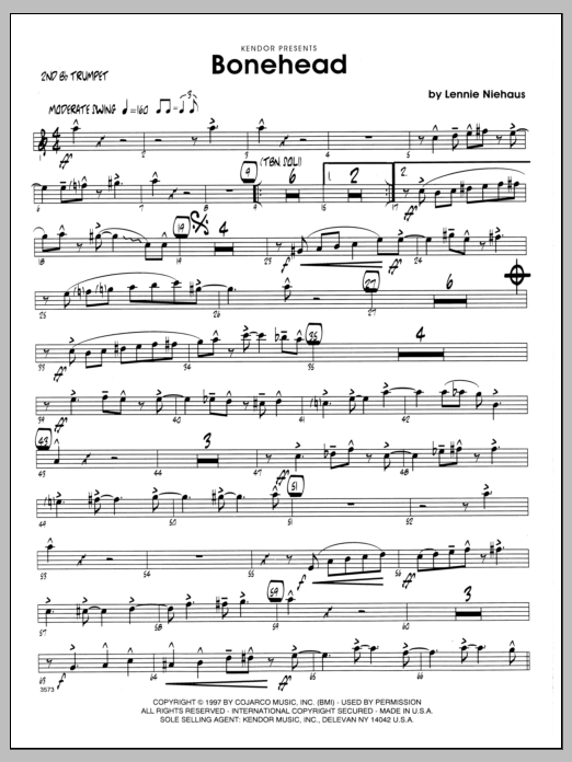 Learn to play Lennie Niehaus Bonehead - 2nd Bb Trumpet sheet music for Jazz Ensemble in minutes. Lennie Niehaus Bonehead - 2nd Bb Trumpet sheet music preview music notes and score for Jazz Ensemble including 2 page(s)