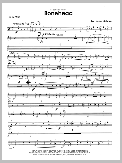 Learn to play Lennie Niehaus Bonehead - 2nd Eb Alto Saxophone sheet music for Jazz Ensemble in minutes. Lennie Niehaus Bonehead - 2nd Eb Alto Saxophone sheet music preview music notes and score for Jazz Ensemble including 2 page(s)