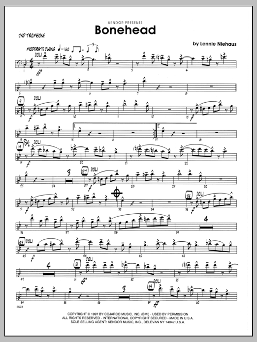 Learn to play Lennie Niehaus Bonehead - 2nd Trombone sheet music for Jazz Ensemble in minutes. Lennie Niehaus Bonehead - 2nd Trombone sheet music preview music notes and score for Jazz Ensemble including 2 page(s)