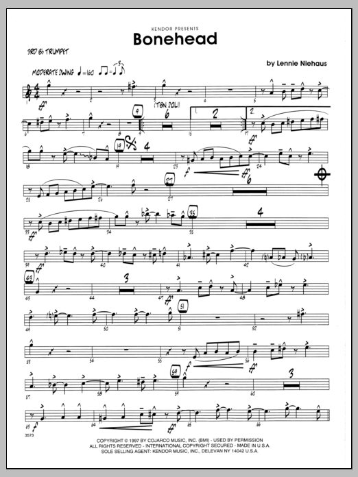 Learn to play Lennie Niehaus Bonehead - 3rd Bb Trumpet sheet music for Jazz Ensemble in minutes. Lennie Niehaus Bonehead - 3rd Bb Trumpet sheet music preview music notes and score for Jazz Ensemble including 2 page(s)