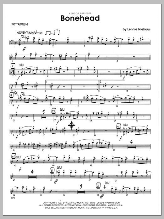 Learn to play Lennie Niehaus Bonehead - 3rd Trombone sheet music for Jazz Ensemble in minutes. Lennie Niehaus Bonehead - 3rd Trombone sheet music preview music notes and score for Jazz Ensemble including 2 page(s)