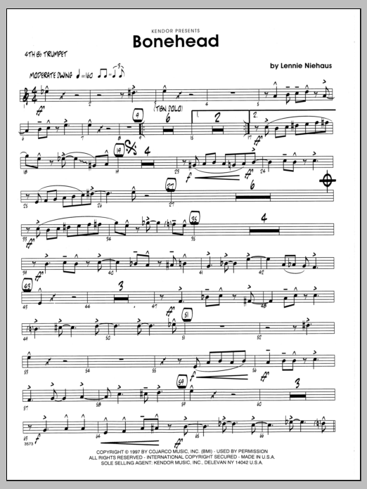 Learn to play Lennie Niehaus Bonehead - 4th Bb Trumpet sheet music for Jazz Ensemble in minutes. Lennie Niehaus Bonehead - 4th Bb Trumpet sheet music preview music notes and score for Jazz Ensemble including 2 page(s)