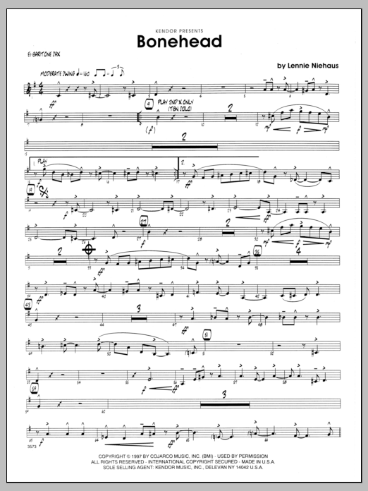 Learn to play Lennie Niehaus Bonehead - Bari Sax sheet music for Jazz Ensemble in minutes. Lennie Niehaus Bonehead - Bari Sax sheet music preview music notes and score for Jazz Ensemble including 2 page(s)