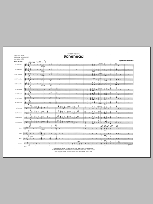 Learn to play Lennie Niehaus Bonehead - Full Score sheet music for Jazz Ensemble in minutes. Lennie Niehaus Bonehead - Full Score sheet music preview music notes and score for Jazz Ensemble including 16 page(s)