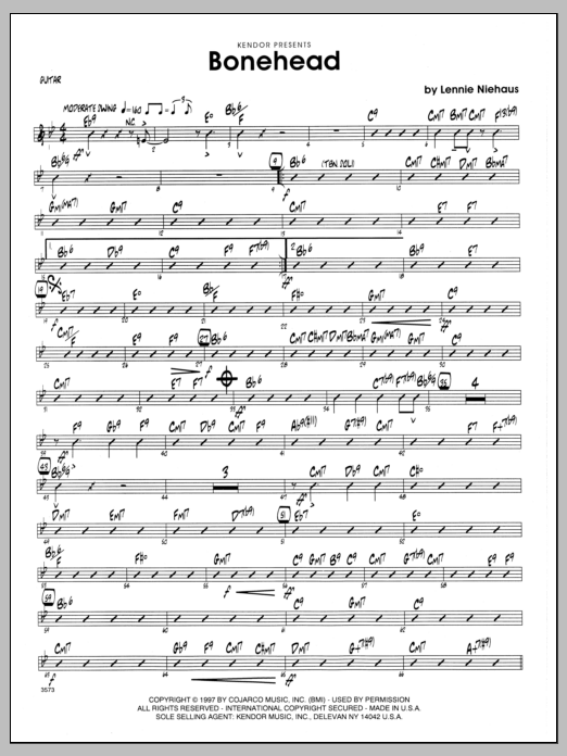 Learn to play Lennie Niehaus Bonehead - Guitar sheet music for Jazz Ensemble in minutes. Lennie Niehaus Bonehead - Guitar sheet music preview music notes and score for Jazz Ensemble including 2 page(s)