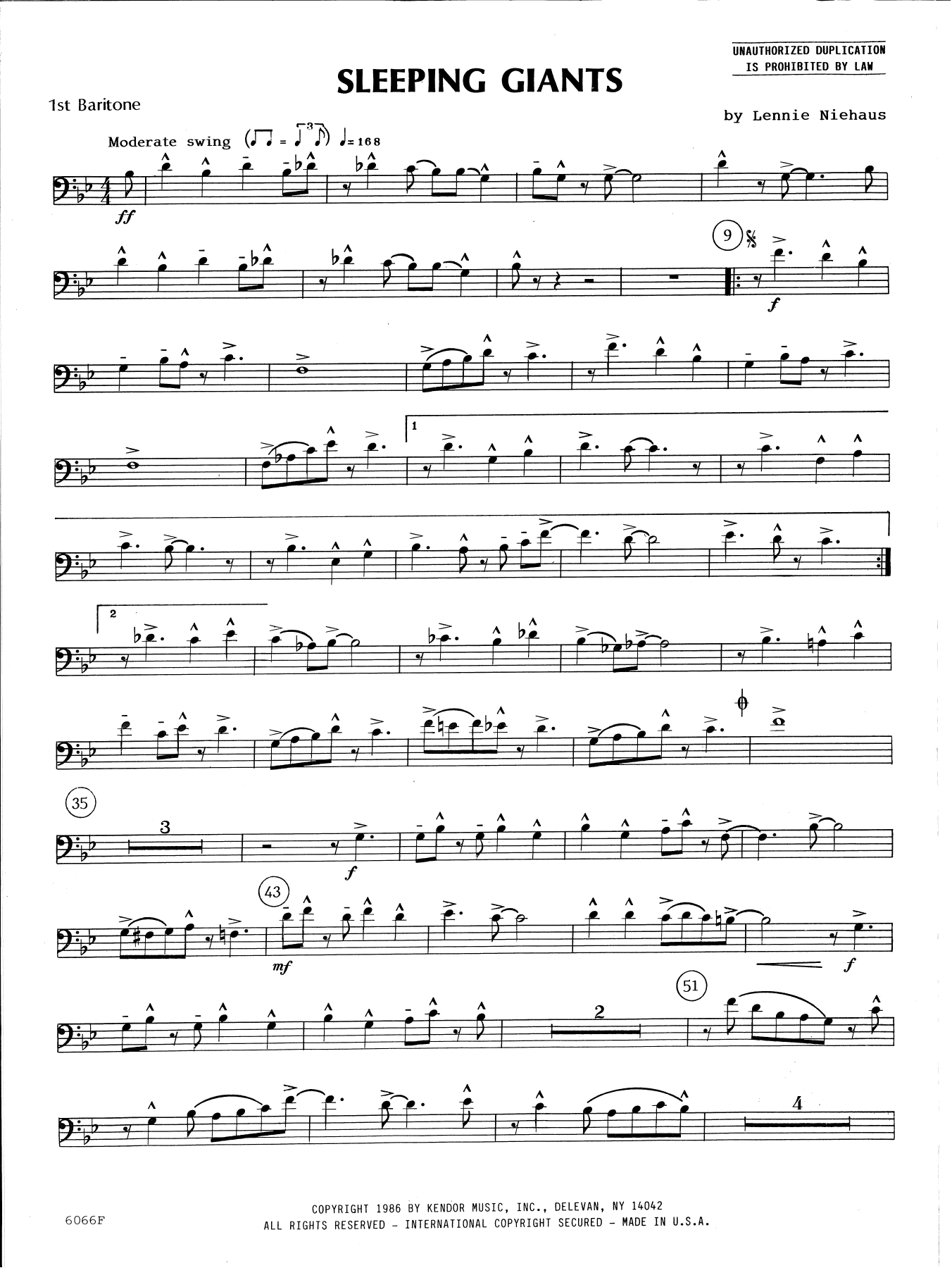 Learn to play Lennie Niehaus Sleeping Giants - 1st Baritone B.C. sheet music for Brass Ensemble in minutes. Lennie Niehaus Sleeping Giants - 1st Baritone B.C. sheet music preview music notes and score for Brass Ensemble including 2 page(s)