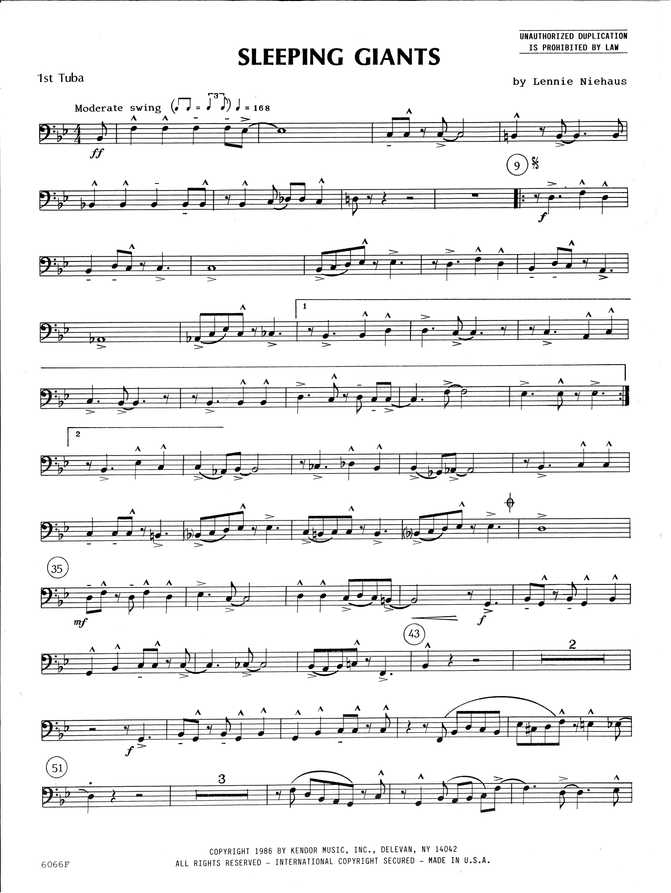 Learn to play Lennie Niehaus Sleeping Giants - 1st Tuba sheet music for Brass Ensemble in minutes. Lennie Niehaus Sleeping Giants - 1st Tuba sheet music preview music notes and score for Brass Ensemble including 2 page(s)