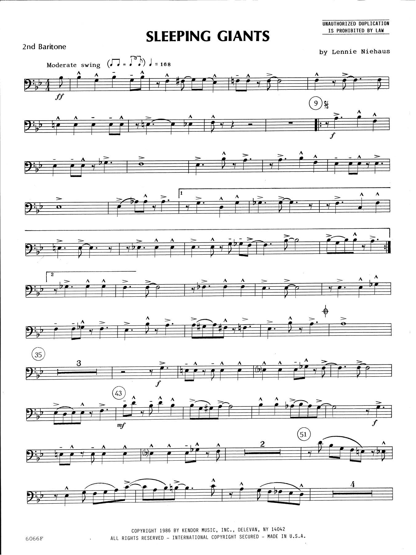 Learn to play Lennie Niehaus Sleeping Giants - 2nd Baritone B.C. sheet music for Brass Ensemble in minutes. Lennie Niehaus Sleeping Giants - 2nd Baritone B.C. sheet music preview music notes and score for Brass Ensemble including 2 page(s)