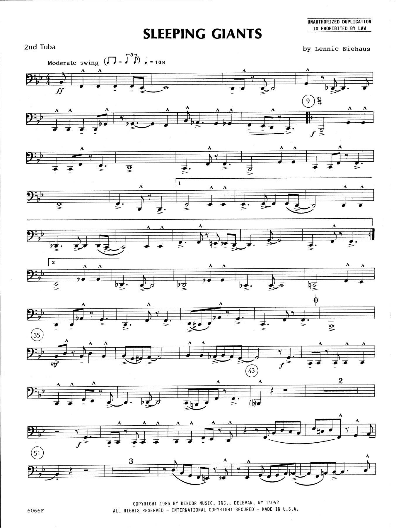 Learn to play Lennie Niehaus Sleeping Giants - 2nd Tuba sheet music for Brass Ensemble in minutes. Lennie Niehaus Sleeping Giants - 2nd Tuba sheet music preview music notes and score for Brass Ensemble including 2 page(s)