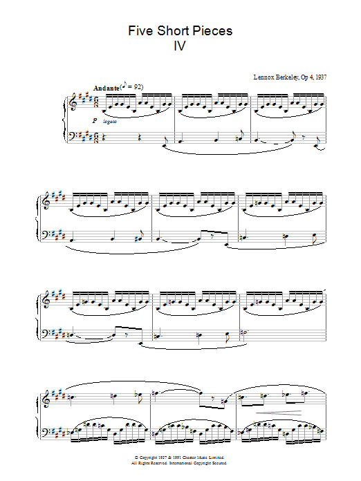 Learn to play Lennox Berkeley Five Short Pieces, No.4, Op.4 sheet music for Piano in minutes. Lennox Berkeley Five Short Pieces, No.4, Op.4 sheet music preview music notes and score for Piano including 2 page(s)