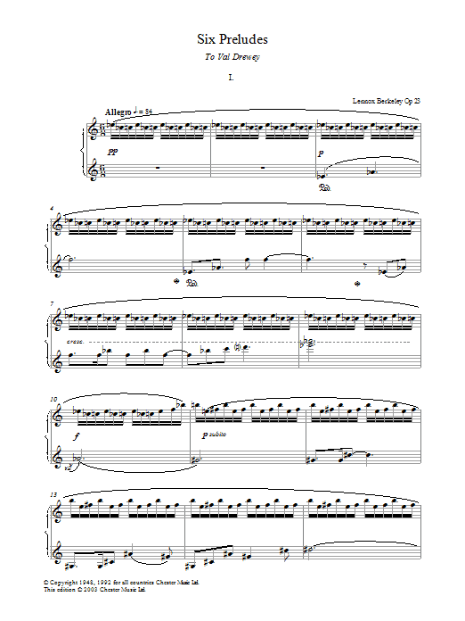 Learn to play Lennox Berkeley Prelude No. 1 (from Six Preludes) sheet music for Piano in minutes. Lennox Berkeley Prelude No. 1 (from Six Preludes) sheet music preview music notes and score for Piano including 4 page(s)